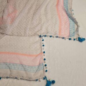 Merona Womens Scarf White with Gray Pink and Teal Design and Ball Fringe NWT